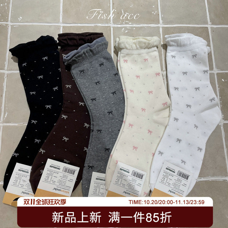 韩国东大门进口秋季新品甜美小蝴蝶结木耳边舒适中筒袜女袜子