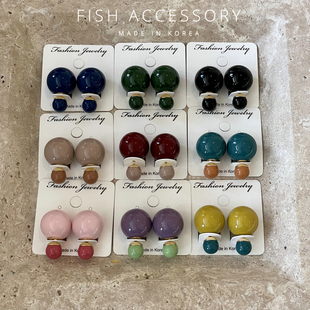 韩国东大门进口轻奢高级耳坠双圆球耳环大小球复古气质耳钉女耳饰