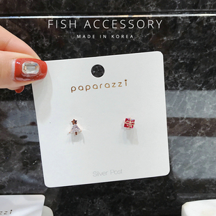 韩国东大门 迷你圣诞树星星礼物不对称百搭耳环精致耳钉