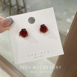 韩国进口清新耳环独特透感玫瑰花朵酒红显白温柔粉925银针耳钉