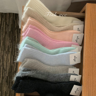 韩国东大门进口冬季 温暖中筒袜兔羊毛雪地靴袜加厚保暖纯色女袜子