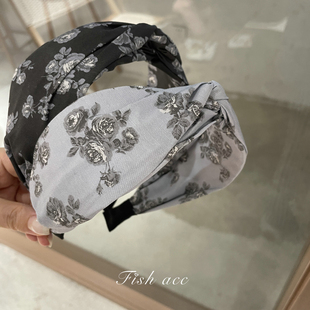 韩国进口重工森系布艺设计感复古印花交叉发箍宽边舒适压发头箍