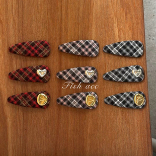 韩国进口节日氛围BB夹ins博主毛呢格子刘海夹毛绒金标爱心发夹