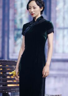 JULEE定制韩雪同款墨绿丝绒带蕾丝修身改良旗袍