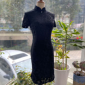 黑色弹力植绒丝绒修身 JULEE定制2022夏季 新品 复古短旗袍素雅年轻