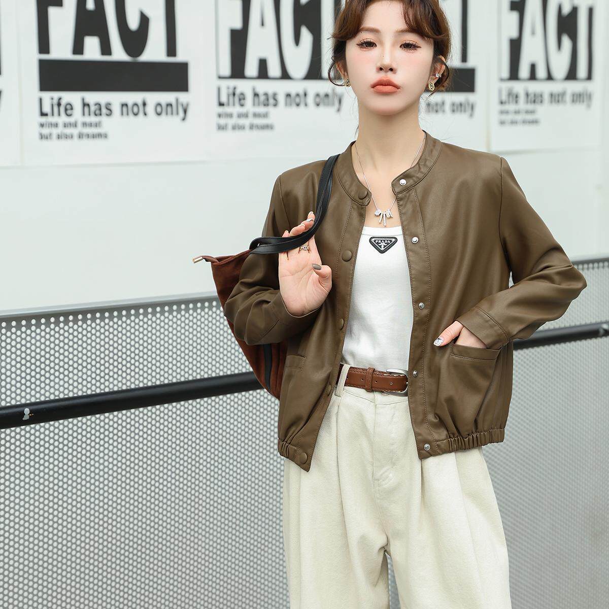 韩版皮衣女2026春款新款圆领洋气修身款小个子时尚休闲外套加厚