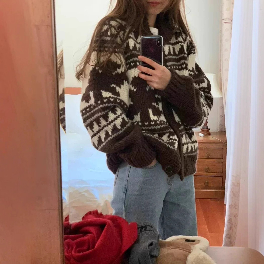 现 韩国东大门ounce翻领提花毛衣韩系女装慵懒风宽松复古羊毛外套