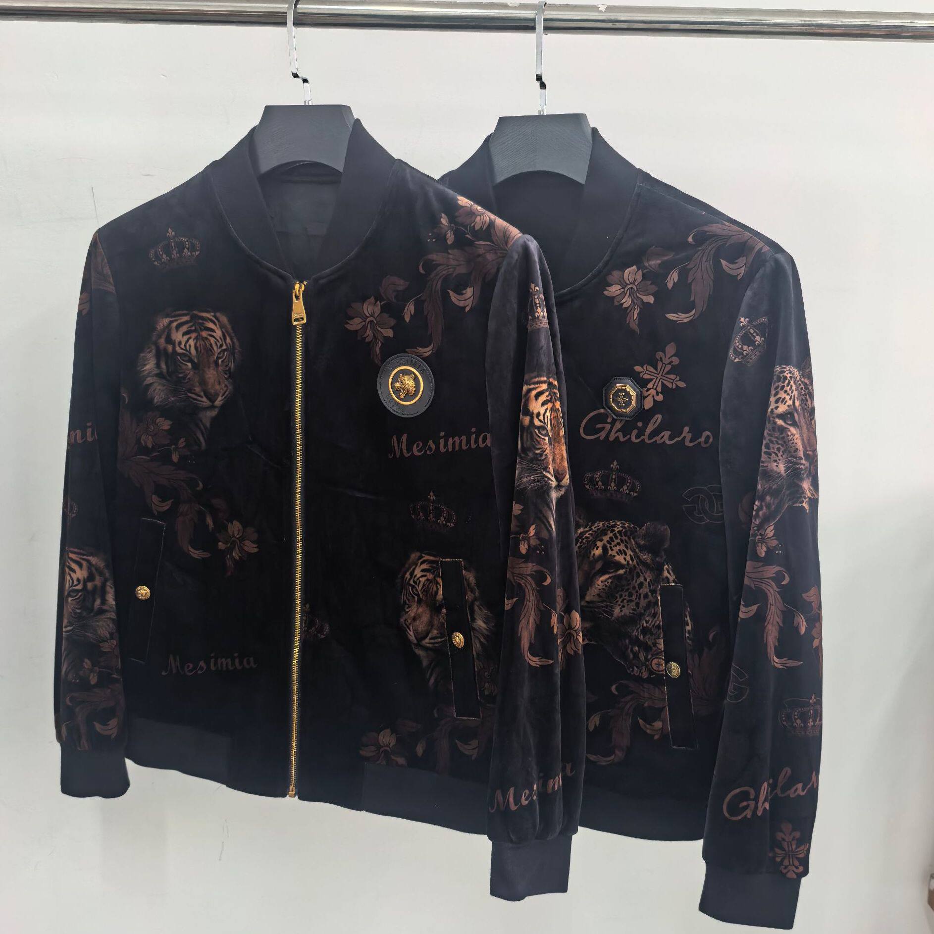jk792男士秋季棒球领丝绒个性潮流动物图腾印花夹克外套时尚