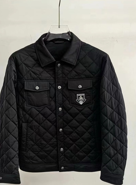 雷di波erjk870男士菱格翻领黑色秋冬季保暖时尚棉服外套