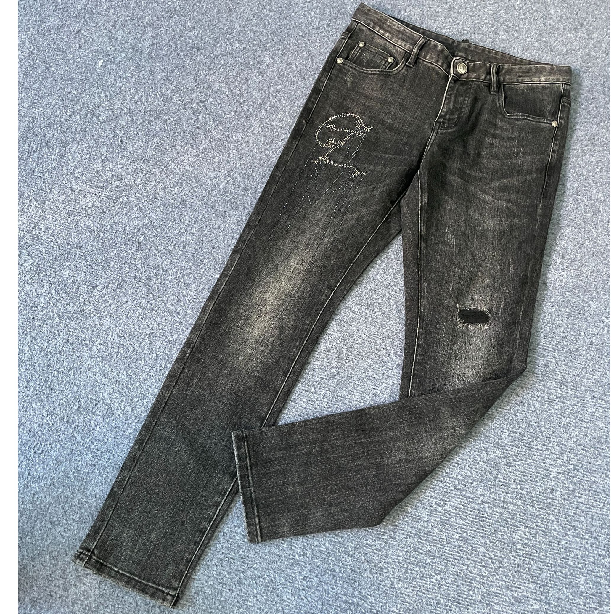 克lai切ni2100+ku785男士秋季烫钻黑灰色假破洞牛仔长裤潮流