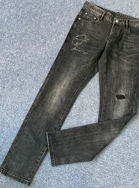 克lai切ni2100+ku785男士秋季烫钻黑灰色假破洞牛仔长裤潮流