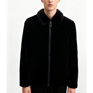绵羊毛加厚翻领外套黑色 厚款 吊牌价5999九家jk351九男士 冬季