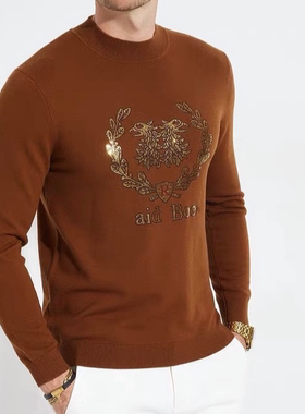 雷di波ermy623男士焦糖色100%绵羊毛半高领烫钻花纹打底毛衣