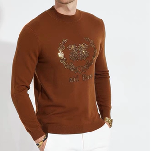 焦糖色100%绵羊毛半高领烫钻花纹打底毛衣 雷di波ermy623男士