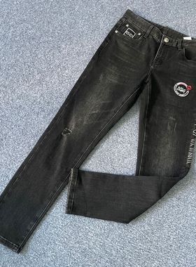 克lai切niku784男士秋冬季黑灰色新款加薄绒真破洞休闲牛仔长裤