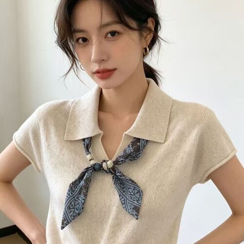 老钱风复古时尚丝巾围巾女氛围感腰果花衬衫搭配领巾串珠项链系脖