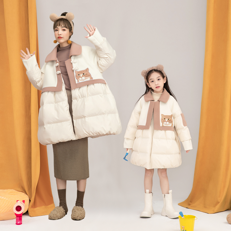 亲子装卡通贴花女童假两件拼接棉服2021冬装新品儿童加厚母女外套
