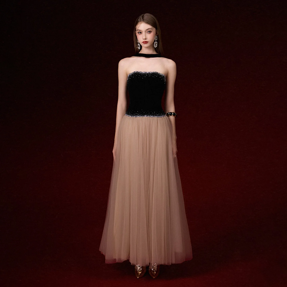 Josephine正品授权女礼服连衣裙黑色/棕色拼接气质长裙