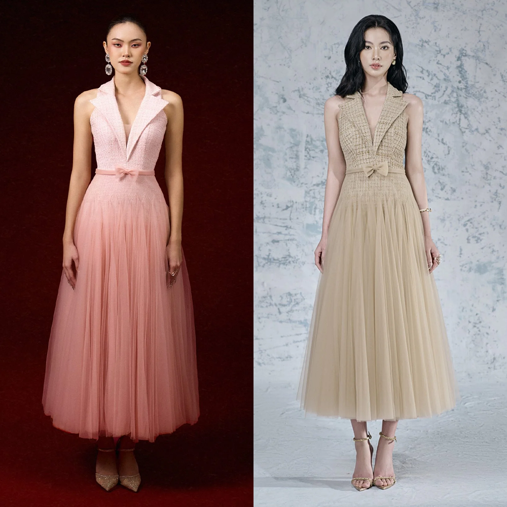 Josephine正品授权女漂亮礼服连衣裙卡其粉色V领收腰无袖中长裙