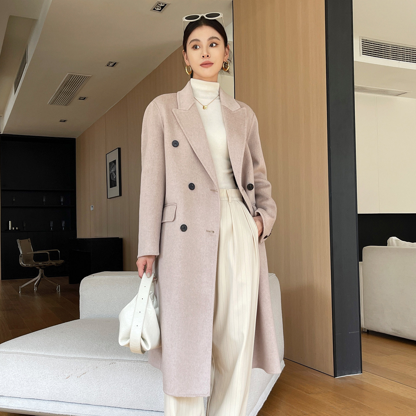 100%纯羊毛女双面羊毛大衣中长款