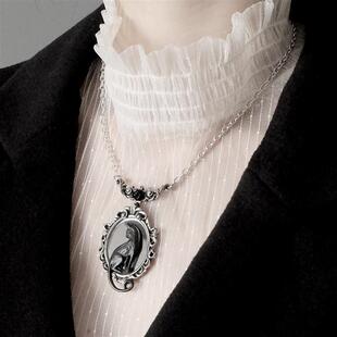Alchemy Gothic P895 A牌欧美复古黑猫咪玫瑰荆棘小镜子项链吊坠