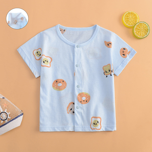 夏季超薄透气儿童纯棉无骨短袖开衫上衣宝宝居家全棉前开打底睡衣