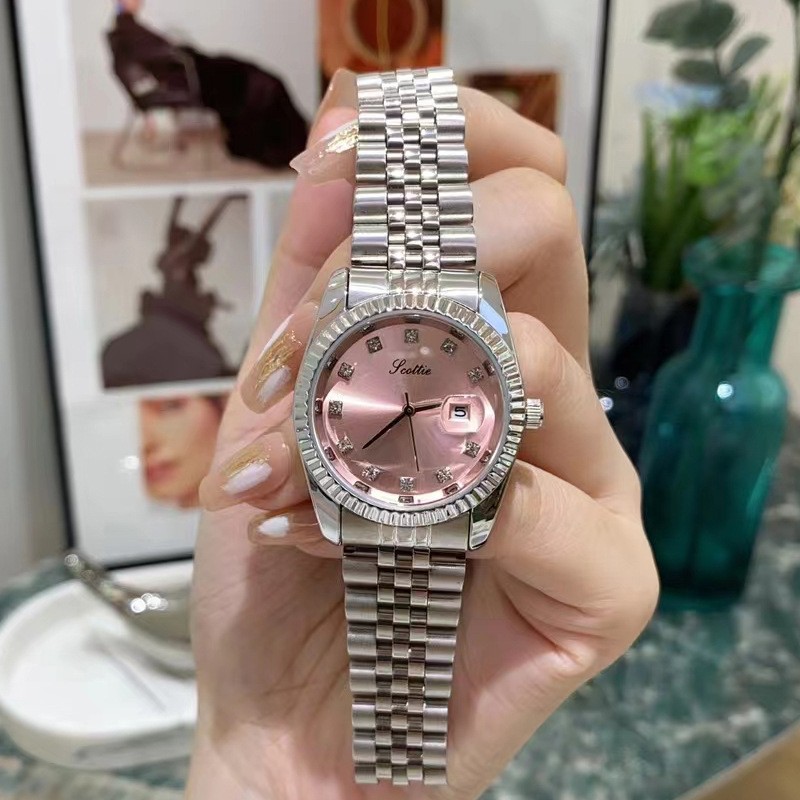 新款银粉色钢带手表法式小众学生女表日历轻奢简约高级感小红书潮