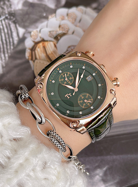 TT潮流霸气手表女绿色时尚大表盘方形皮带女表小众轻奢休闲学生表