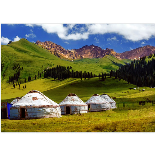 FJ2988蒙古包蓝天仿木格墙布烧烤店餐厅壁画背景墙纸牛羊草原壁纸