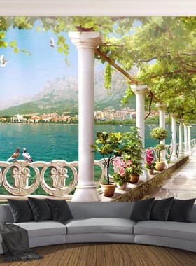 FJ010243d立体电视沙发墙卧室背景墙玄关罗马柱欧式唯美湖泊风景