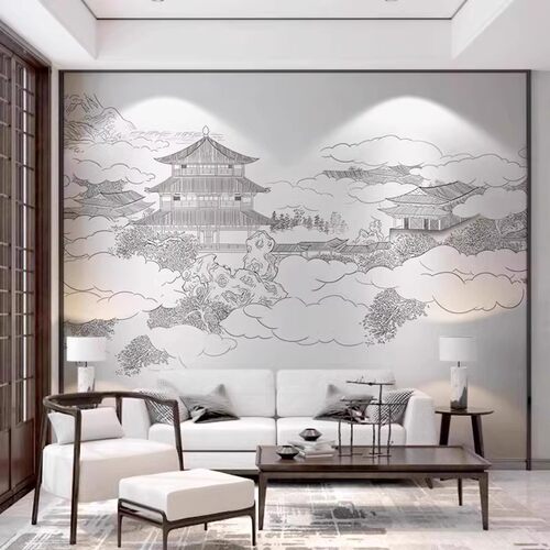 客厅沙发新中式背景墙壁画现代山水楼阁意境墙纸茶室茶楼FJ06616