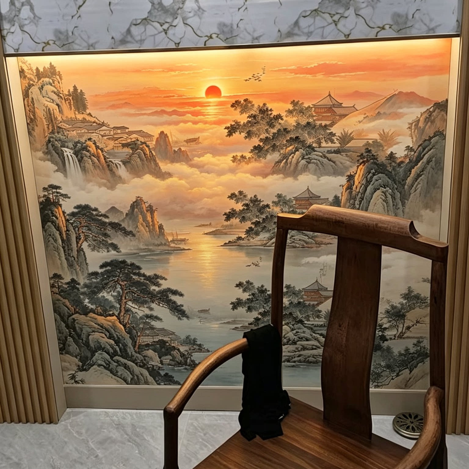 好寓意靠山日出聚宝盆旭日东升山水国画流水生背景壁画FJ6612