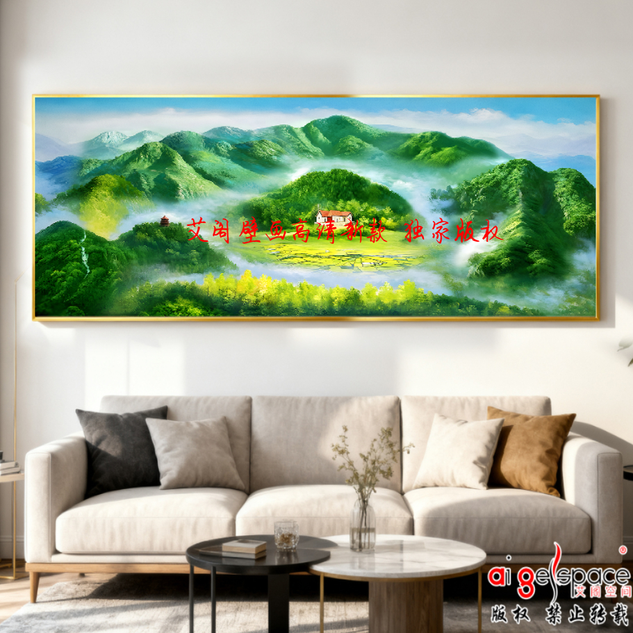 G1080《油画》18D山水风景日出无水背有靠山客厅沙发背景壁画聚财