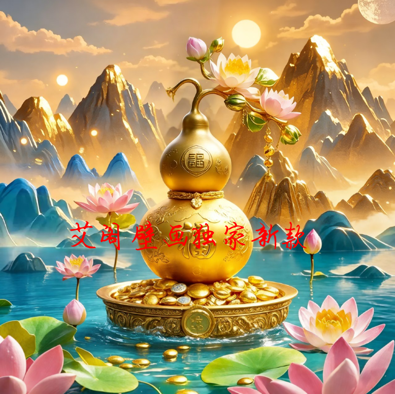 3D紫气东来新中式招米葫芦福禄装饰画金色葫芦晶瓷好寓意FJ1188