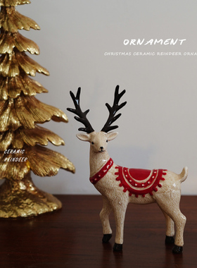 欧式手绘圣诞节梅花鹿陶瓷摆件