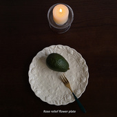 玫瑰浮雕陶瓷花盘 北欧8寸盘意面盘点心盘 家用 牛排盘子 西餐盘