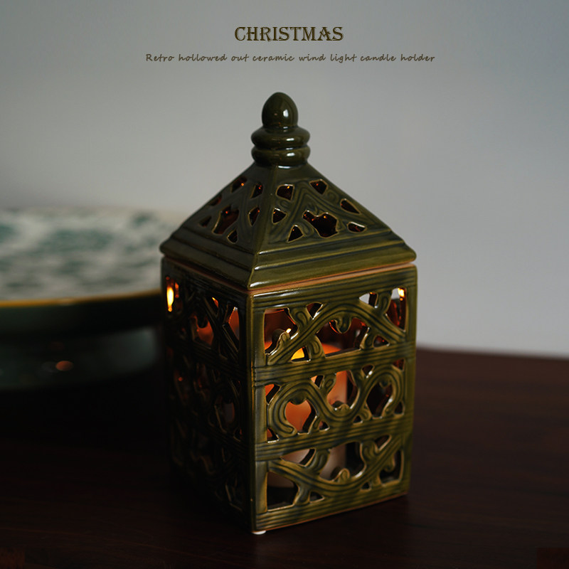 【复古风灯】出口欧式复古墨绿色镂空陶瓷带盖风灯装饰烛台 民宿