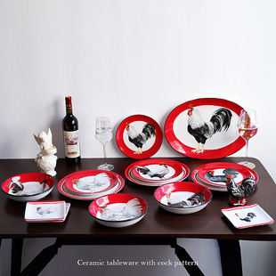 美式乡村公鸡图案家用陶瓷西餐餐盘 牛排盘家用盘马克杯 碟摆件