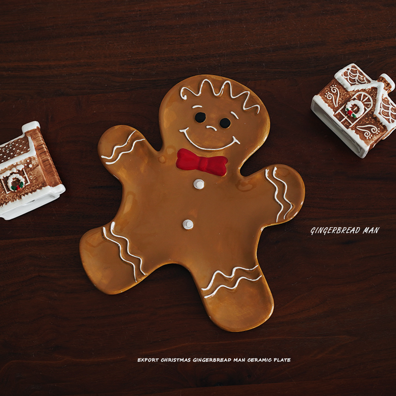 【圣诞节】出口圣诞姜饼人手绘釉下彩造型陶瓷餐盘 饼干盘装饰盘