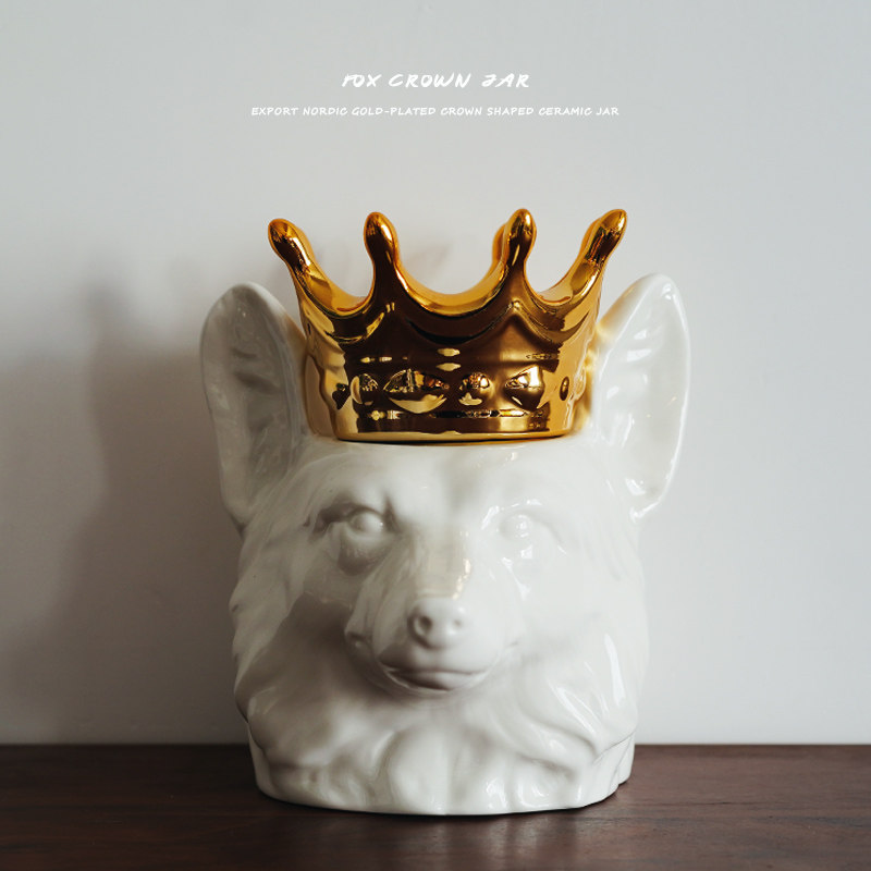 【罐】出口加拿大时尚狐狸造型镀金皇冠造型陶瓷收纳罐糖果罐装饰