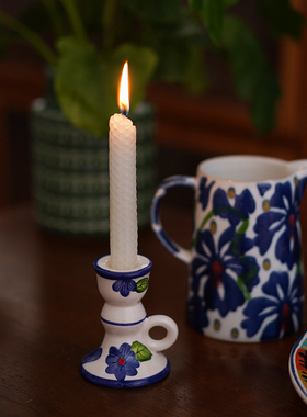 美好的午后 出口乡村田园手绘蓝色青花卉陶瓷餐桌烛台 烛光晚餐