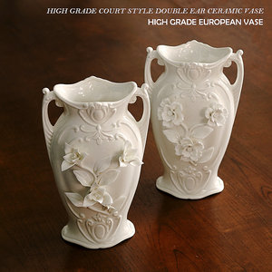 1100ML 出口单欧式宫廷风手捏花浮雕陶瓷双耳花瓶 插花容器装饰