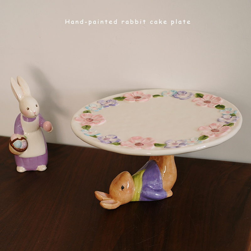。可爱插画风出口立体花卉陶瓷兔子8寸高脚兔子蛋糕盘下午茶点心