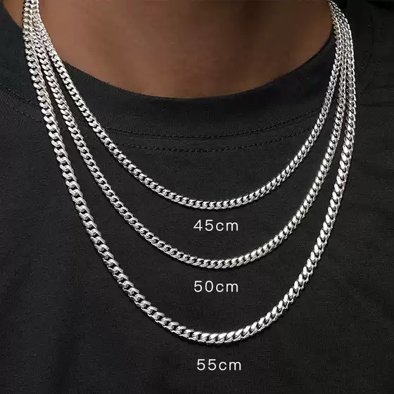 Grgr925 Pure Silver 3mm Cuban Chain Necklace for Men, Hip-Hop Style, Versatile Silver Men's Clavicle Necklace, Plain Chain, Trendy