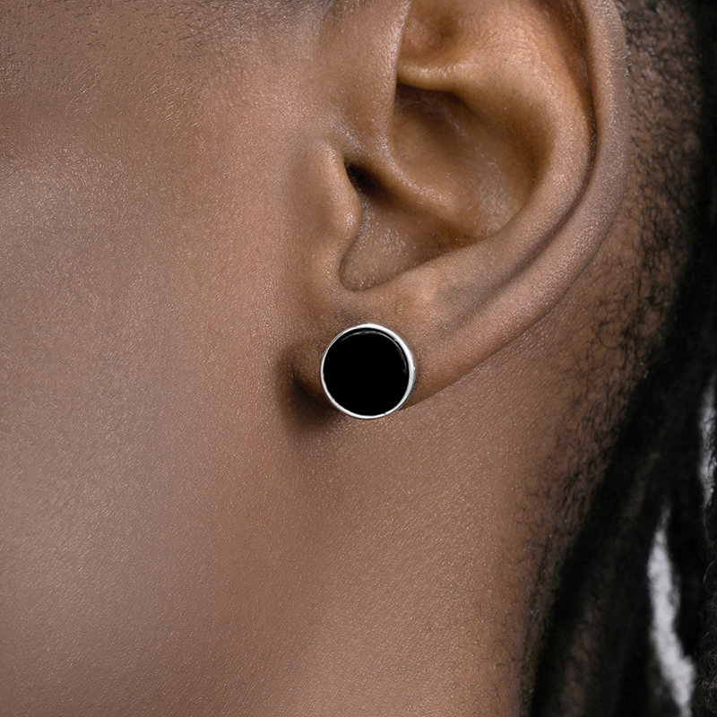 GRGRS925纯银圆形黑玛瑙耳钉