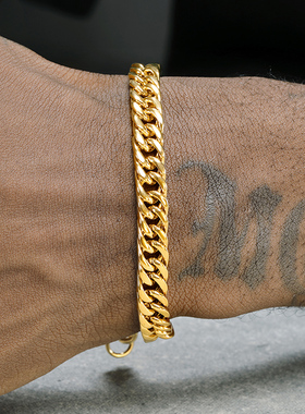 GRGR18K金色古巴手链男嘻哈欧美流行cuban钛钢喜平链手饰女高级感