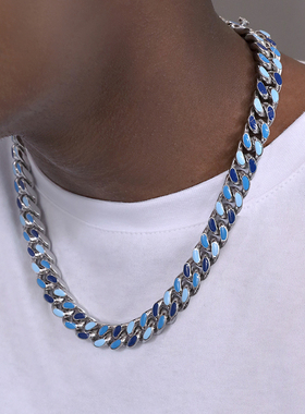 GRGR蓝色拼接淬火古巴链项链cuban chain男女同款嘻哈锁骨链潮ins