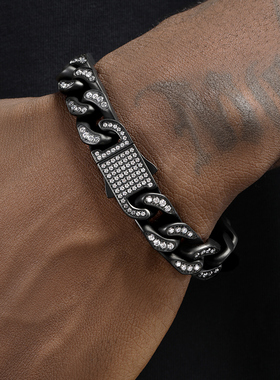 GRGR黑色立体切割古巴链手链男嘻哈欧美流行镶钻cuban link高级感