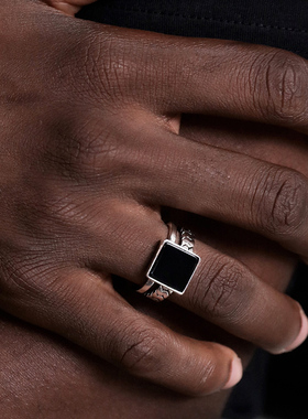 GRGR Enamel Ring S925纯银黑色玛瑙戒指男嘻哈女简约潮流INS可调