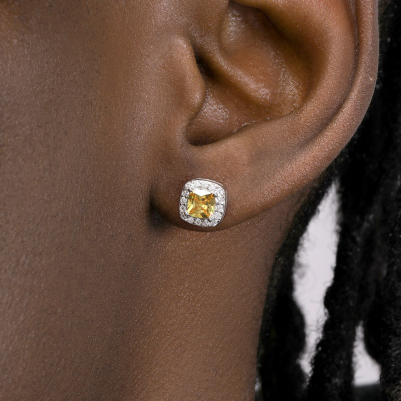 GRGR S925纯银满钻黄冰糖耳钉男女嘻哈美式钻石耳饰潮高级感单只